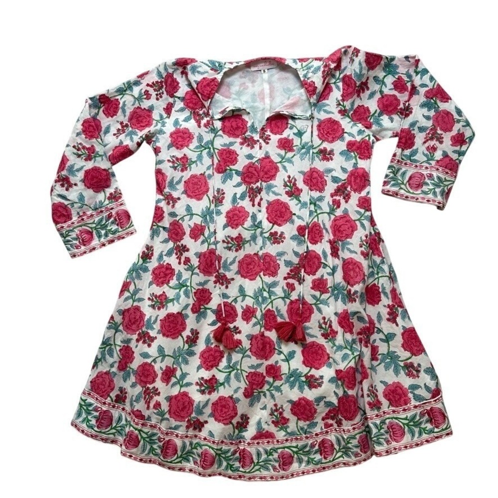 Mary Marshmallow Pink Floral Block Print Cotton Tunic Dress Tassel Tie Womens S